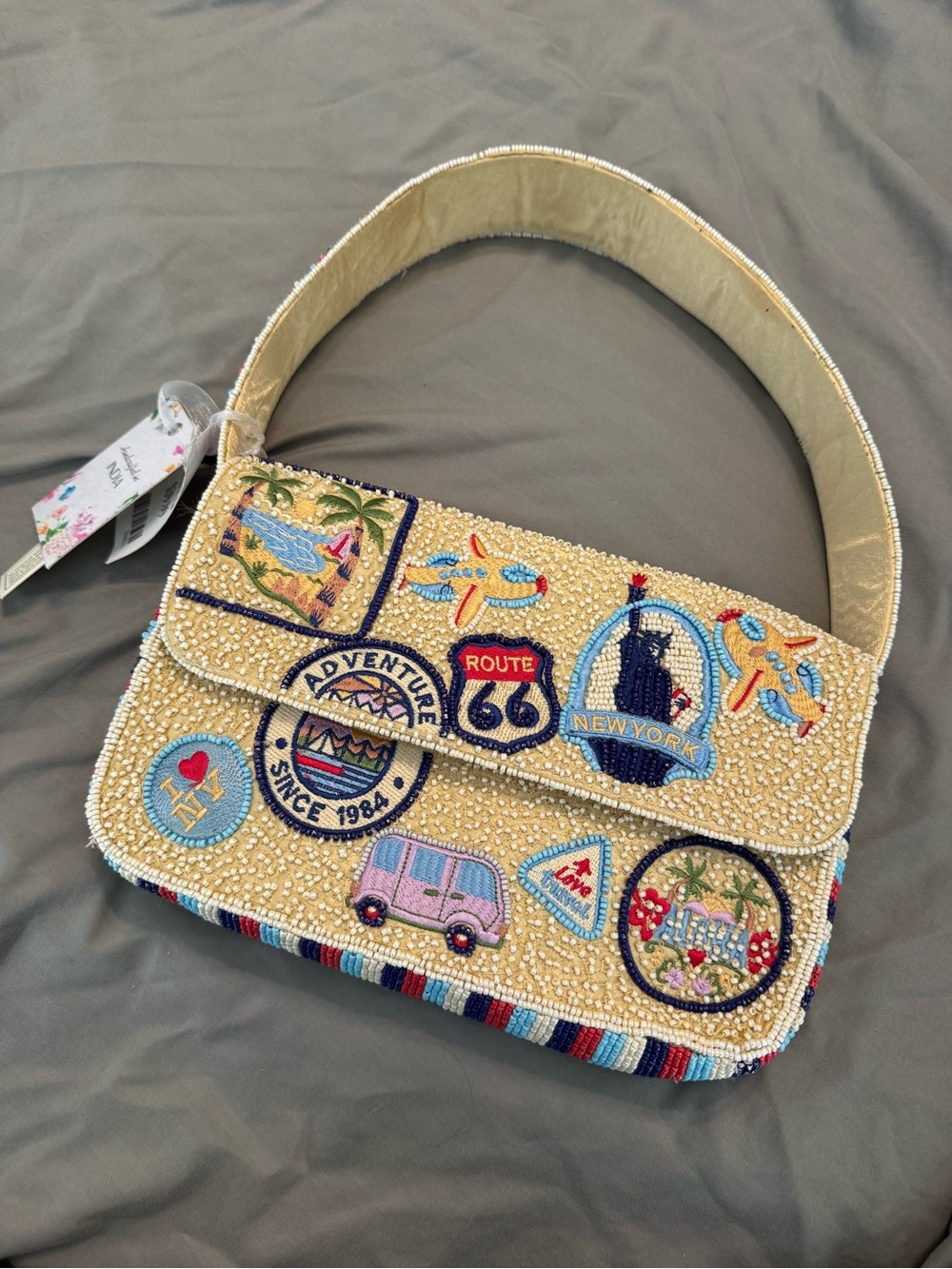 Beaded Patchwork Travel America Shoulder Bag in Beige